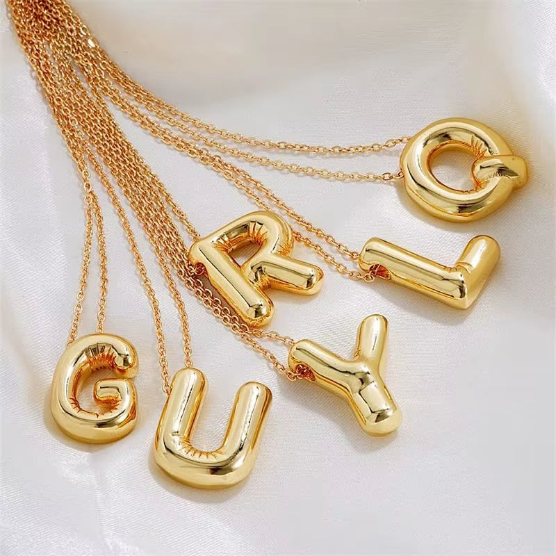 Vintage Stainless Steel Balloon Bubble Chunky Letter Necklace for Women 18K Gold Plated Initial Necklaces Collar Jewelry Gift
