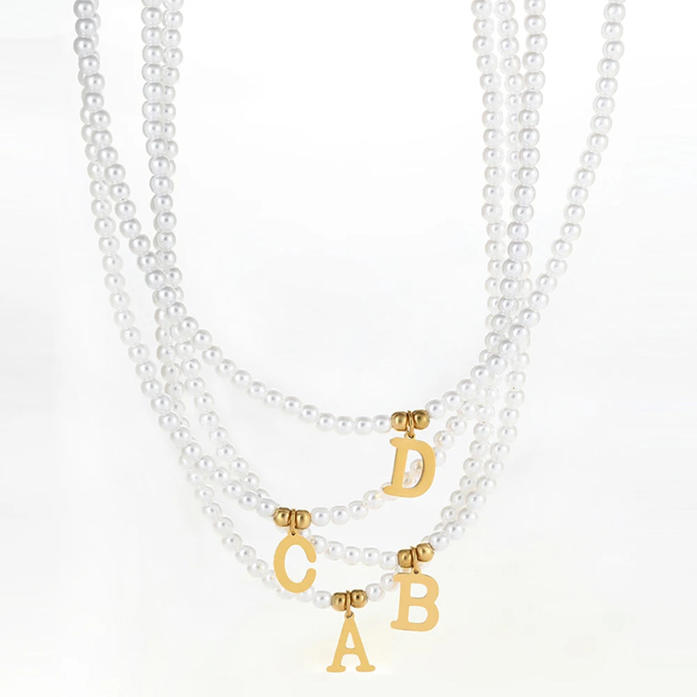 Stainless Steel Letters Initial Pendant Necklace Diy Name Simulated Pearls Bead Necklaces for Women Pearl Woman'S Choker Jewelry