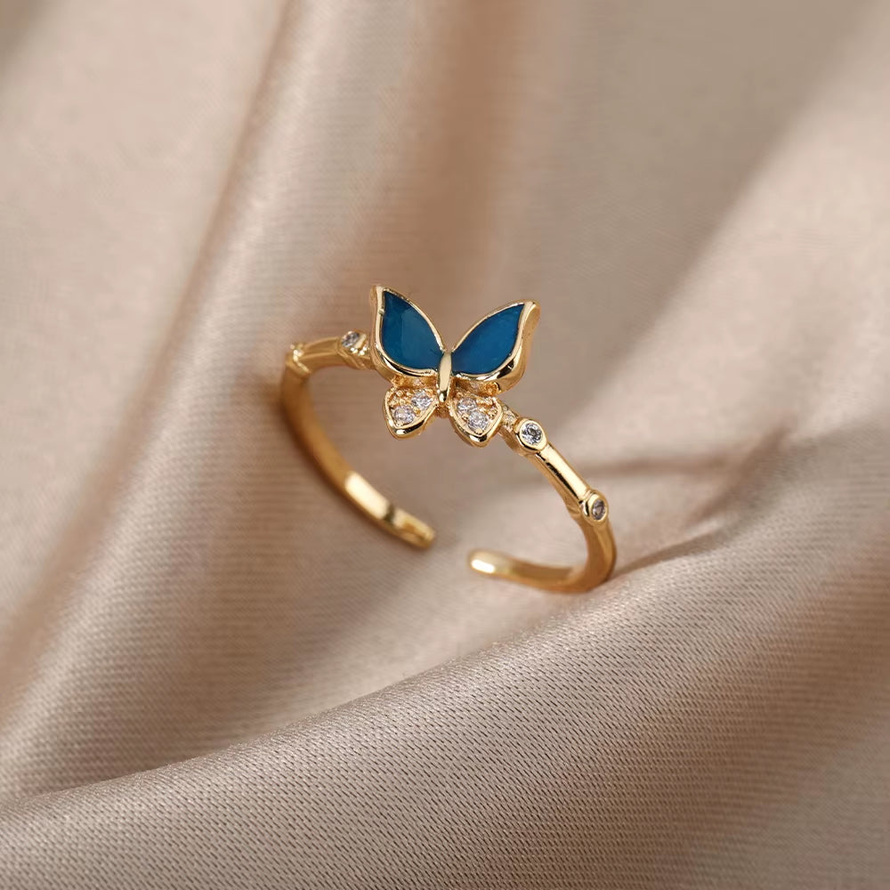 Butterfly Bamboo Rings for Women Gold Color Opening Stainless Steel Ring 2024 Trend New in Femme Couple Jewelry Anillos Mujer