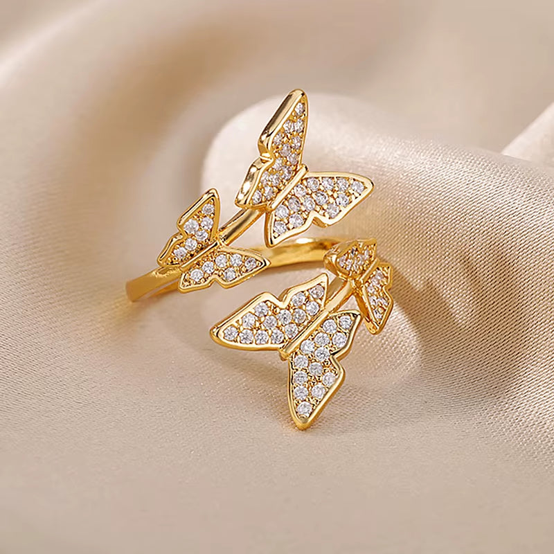 Zircon Butterfly Rings for Women Open Adjustable Stainless Steel Shiny Finger Ring 2023 Trend Wedding Couple Jewelry Anillos