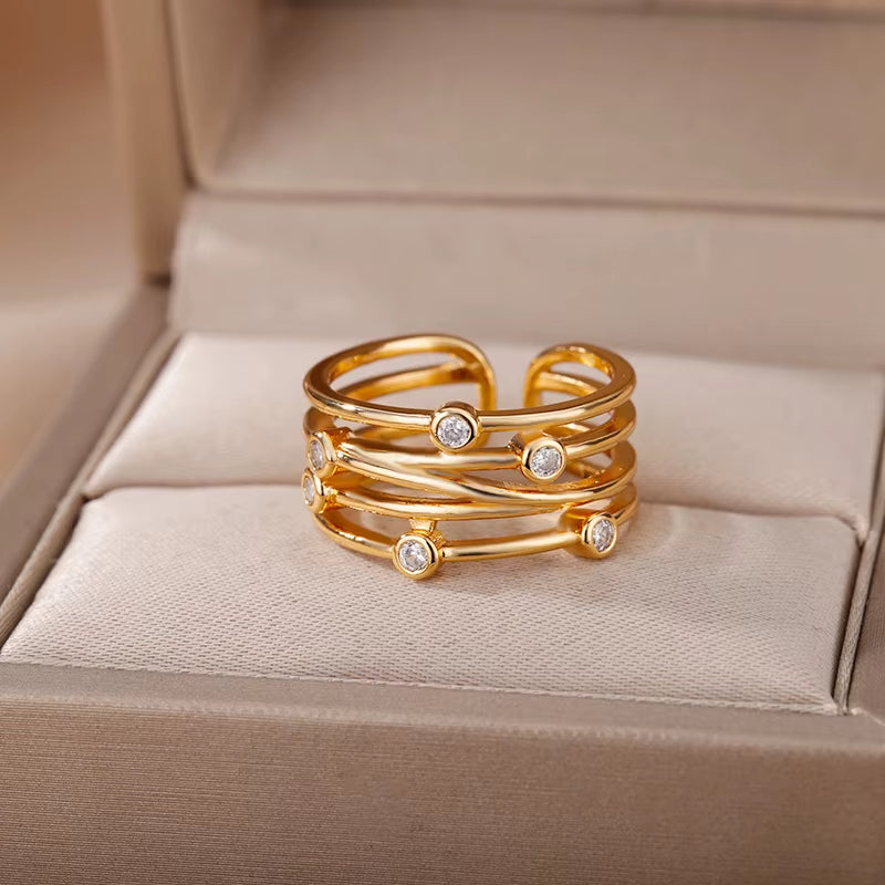 Multilayer Winding Line Zircon Rings for Women Open Adjustable Stainless Steel Geometry Ring 2022 Trend Jewerly Anillos Mujer