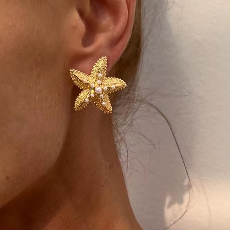 Boho Gold Color Starfish Earrings with Imitation Pearls Crystal Long Tassels Earrings for Women Beach Jewelry Accessories Серьги