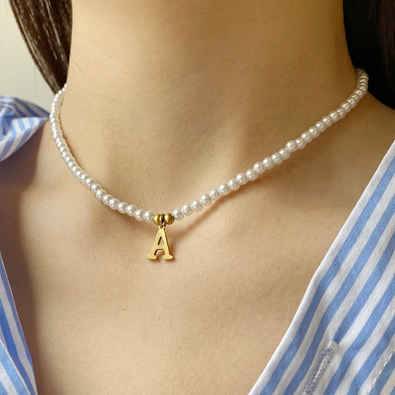 Stainless Steel Letters Initial Pendant Necklace Diy Name Simulated Pearls Bead Necklaces for Women Pearl Woman'S Choker Jewelry