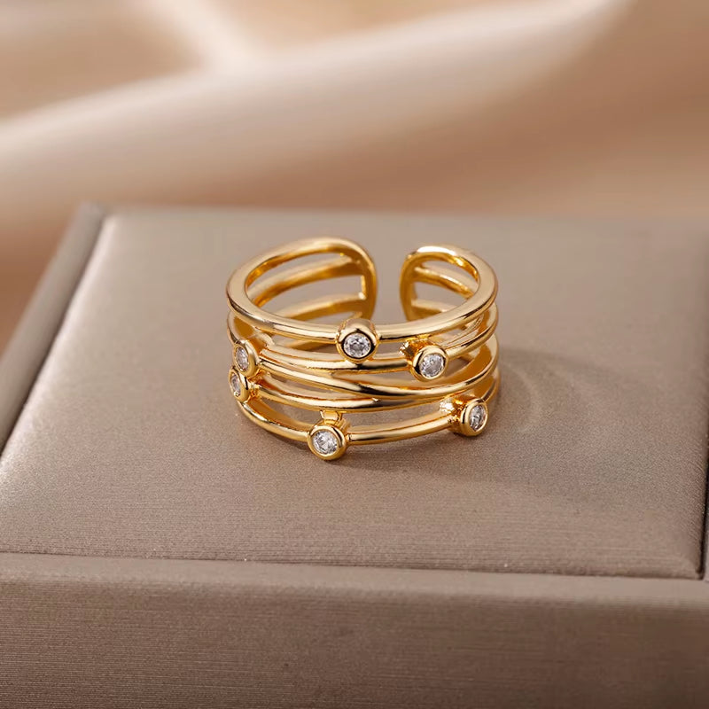 Multilayer Winding Line Zircon Rings for Women Open Adjustable Stainless Steel Geometry Ring 2022 Trend Jewerly Anillos Mujer