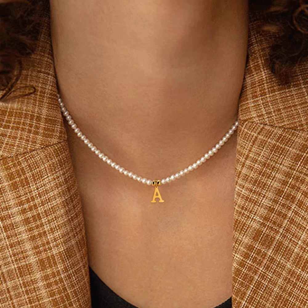 Stainless Steel Letters Initial Pendant Necklace Diy Name Simulated Pearls Bead Necklaces for Women Pearl Woman'S Choker Jewelry