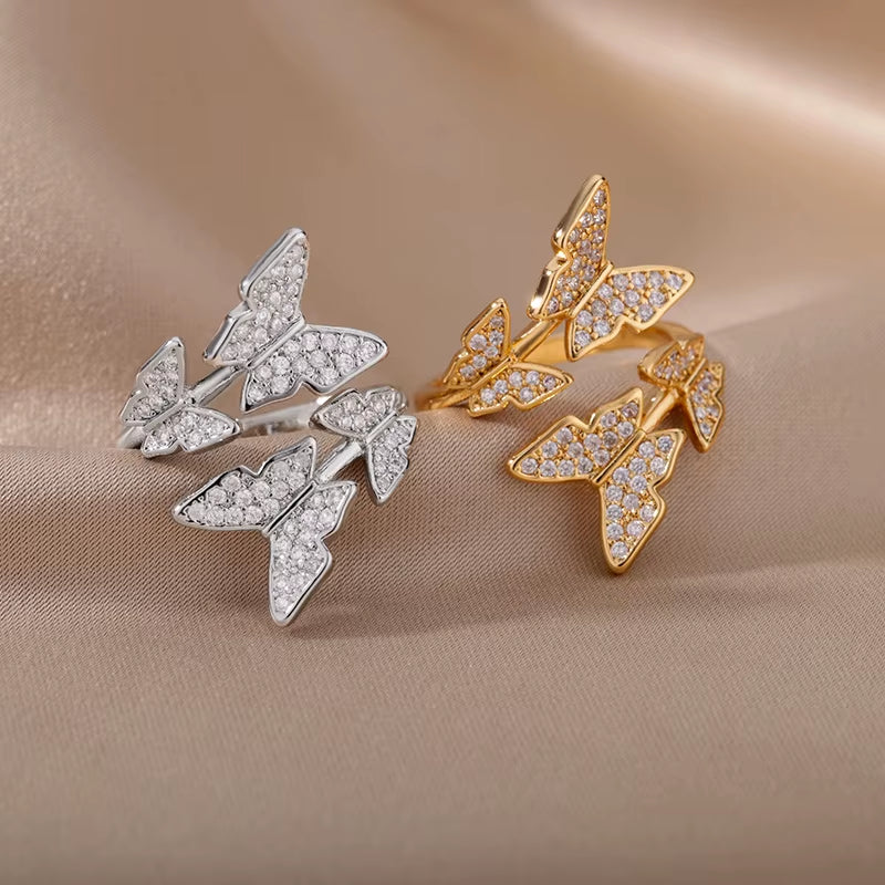 Zircon Butterfly Rings for Women Open Adjustable Stainless Steel Shiny Finger Ring 2023 Trend Wedding Couple Jewelry Anillos