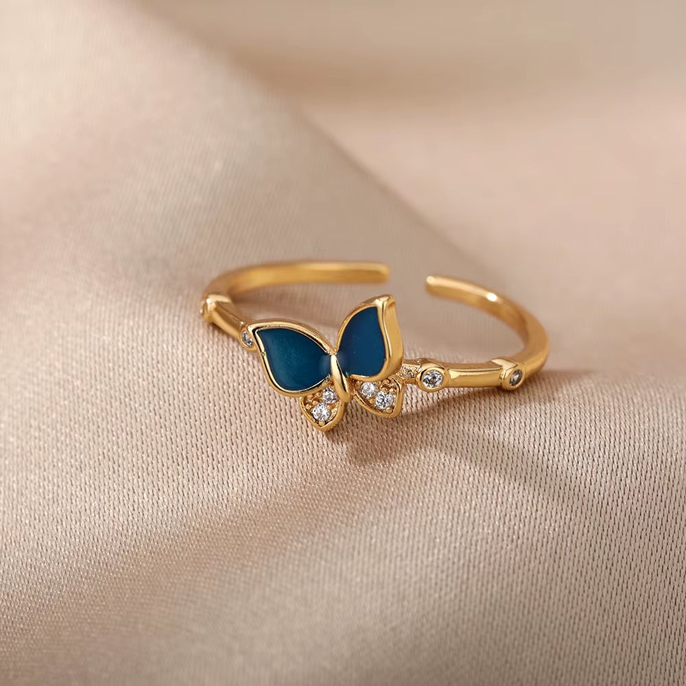 Butterfly Bamboo Rings for Women Gold Color Opening Stainless Steel Ring 2024 Trend New in Femme Couple Jewelry Anillos Mujer