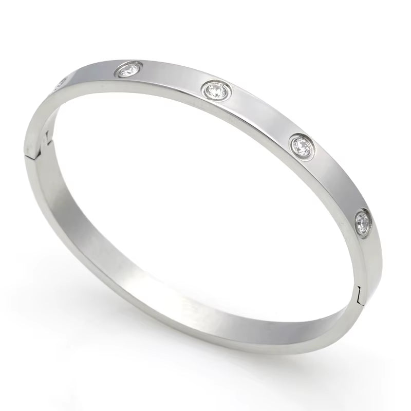 Fashion Love Jewelry Women Bangle Titanium Steel Couple Jewelry Full CZ White Crystal Buckle Bracelets Bangles Men