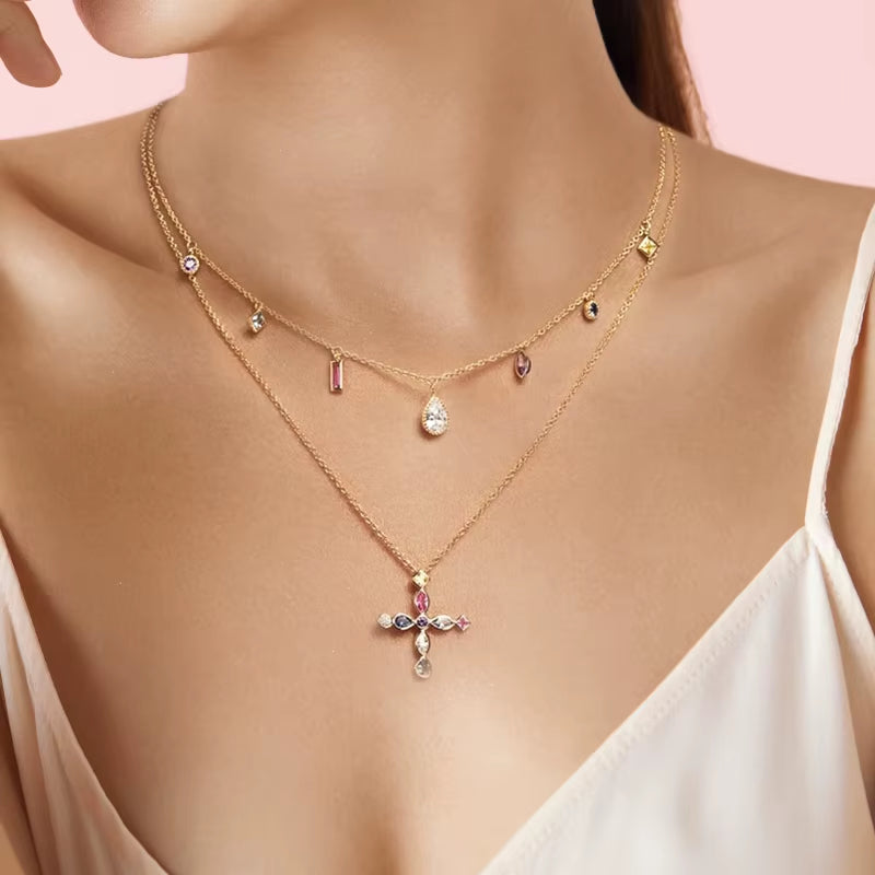 Collares Mujer 925 Sterling Silver Chain Necklace Colorful Zircon Cross Pendant Necklaces for Women Valentine'S Day Fine Jewerly